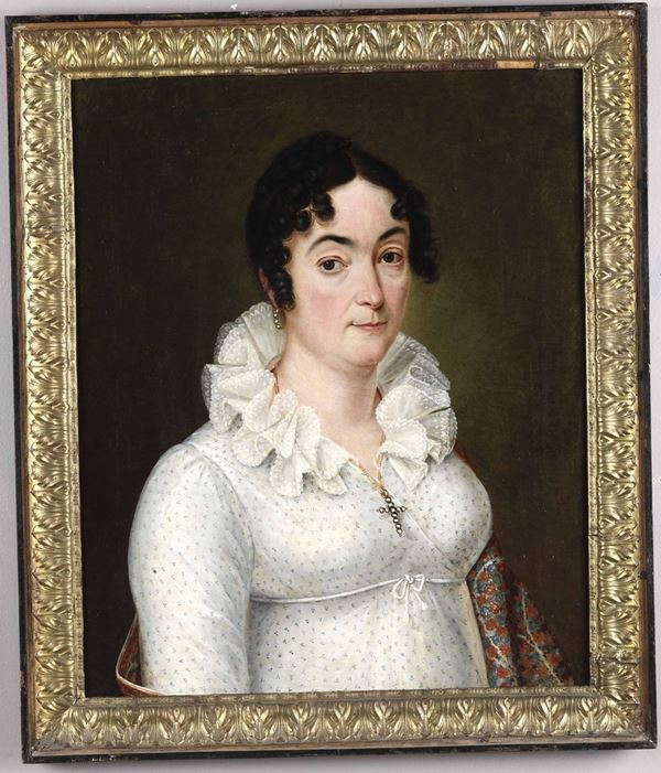 Artista del XIX secolo Ritratto di signora in bianco con scialle fiorito