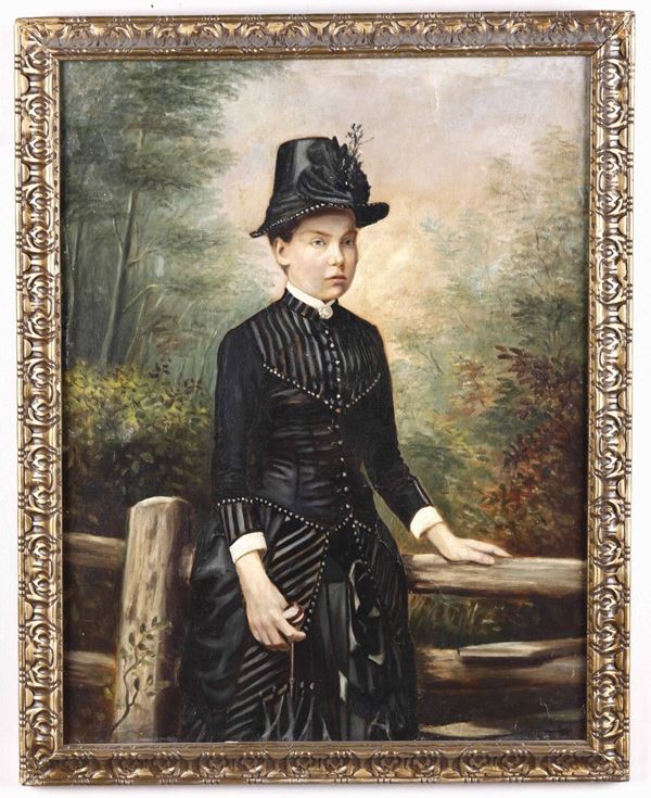 Artista del XIX secolo Ritratto di giovane donna in giardino