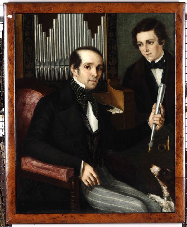 Artista del XIX secolo Ritratto di organista con aiutante e cane