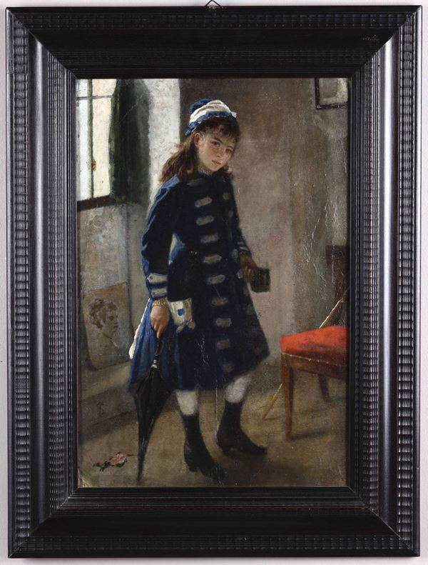 Scuola della fine del XIX secolo Ritratto di bambina in blu con ombrellino