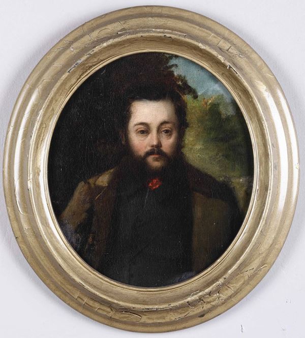 Artista della fine del XIX secolo Ritratto di gentiluomo immerso in un paesaggio