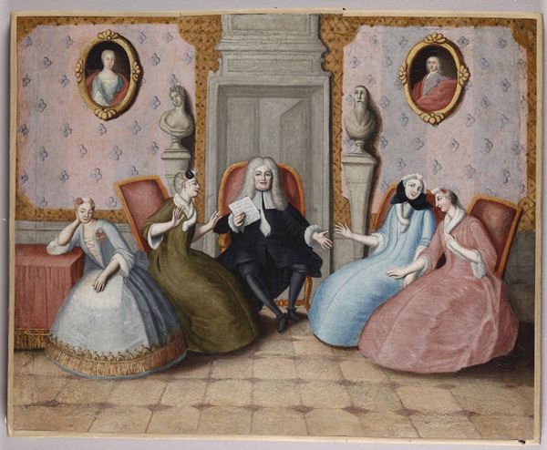 Scuola del XVIII secolo Interno con quattro signore e un gentiluomo seduti