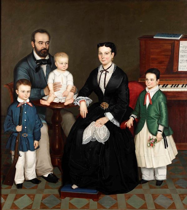 Artista della metà del XIX secolo Grande ritratto di famiglia con pianoforte