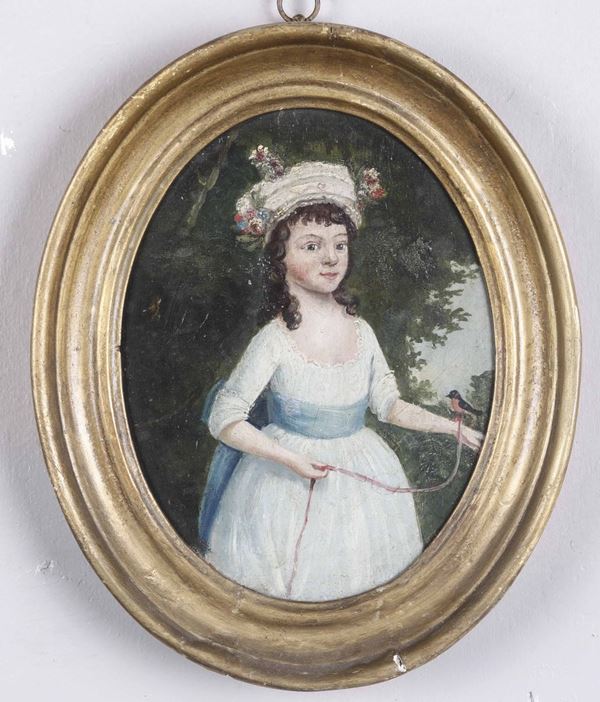 Artista del XIX secolo Ritratto di bambina con cardellino