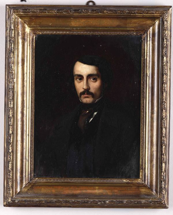 Artista del XIX secolo Ritratto di gentiluomo con spilla d'oro su cravatta marrone