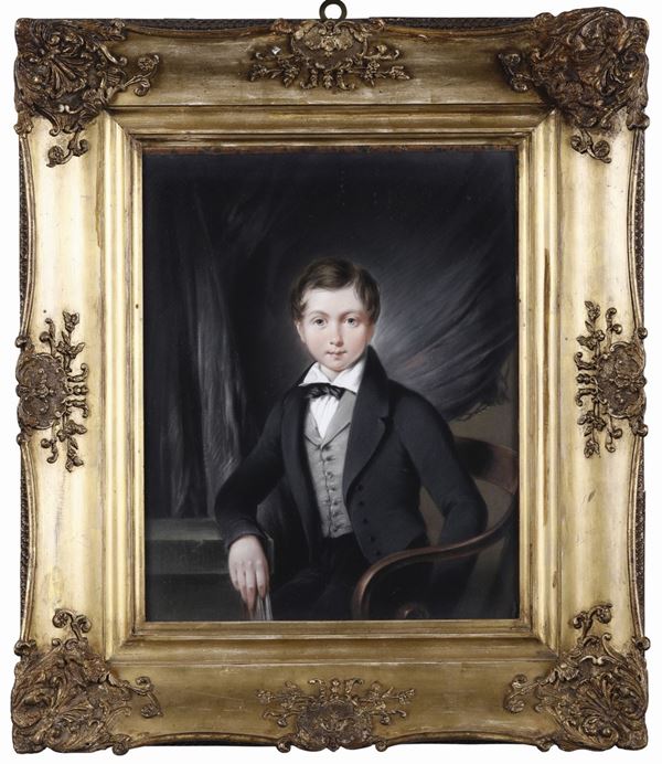 Artista della seconda metà del XIX secolo Giovanetto in abito grigio, cravatta nera e gilet bianco