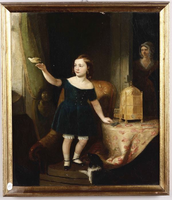Artista della metà del XIX secolo Bambina in un interno