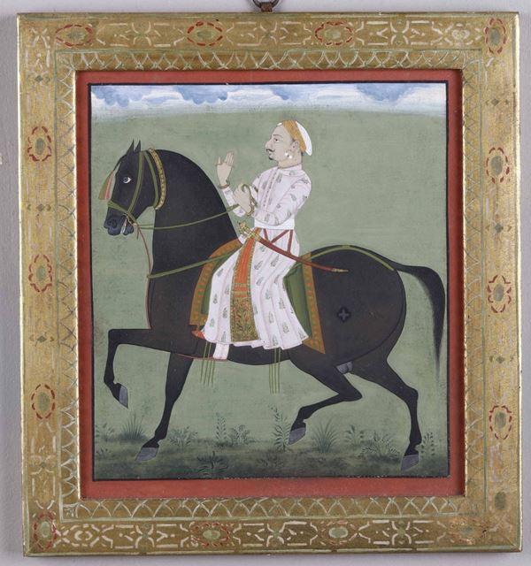 Artista indiano del XIX secolo Ritratto di cavaliere su cavallo nero