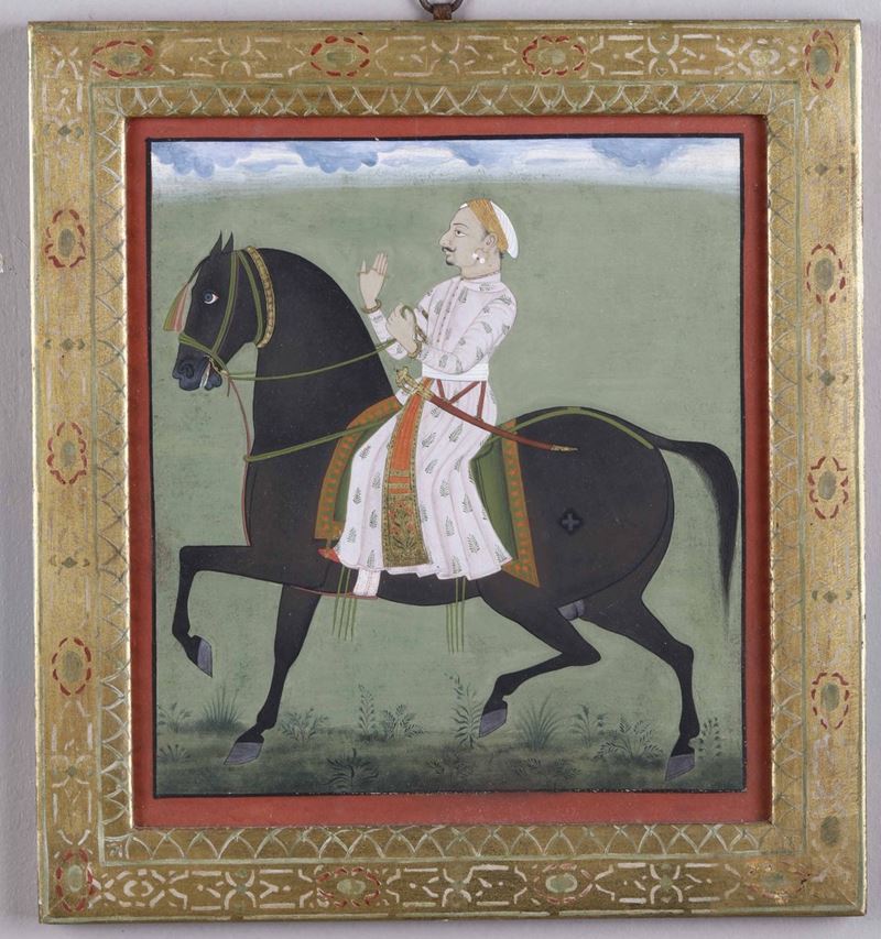 Artista indiano del XIX secolo Ritratto di cavaliere su cavallo nero  - Asta Asta a Tempo | Forattini Time - Cambi Casa d'Aste