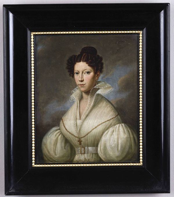 Artista dell'inizio del XIX secolo Ritratto di giovane donna in veste bianca ed alto colletto
