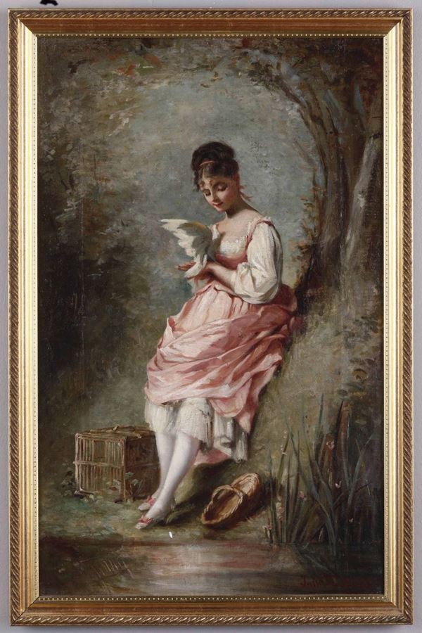 Artista inglese degli inizi del XX secolo Fanciulla con colomba