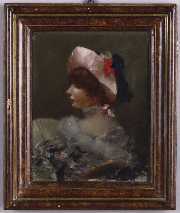 Artista dell'inizio del XX secolo Signora dal cappello rosa con piume colorate