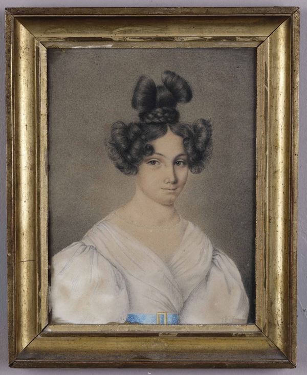 Artista neoclassico Ritratto di giovane donna in bianco con cintura azzurra