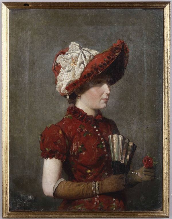 Artista della fine del XIX secolo Ritratto di giovane donna in rosso con grande cappello e ventaglio
