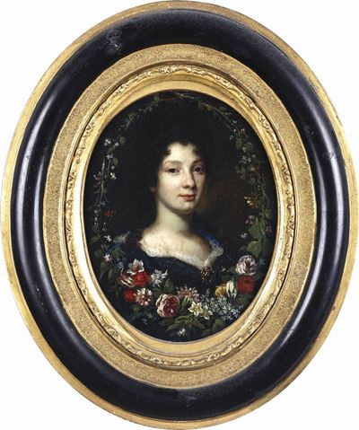 Artista Fiammingo del XVII Secoloritratto di Dama in un Serto di Fiori