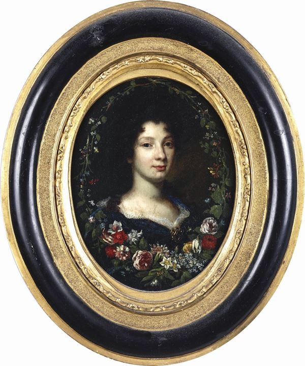 Artista fiammingo del XVII secolo Ritratto di dama in un serto di fiori