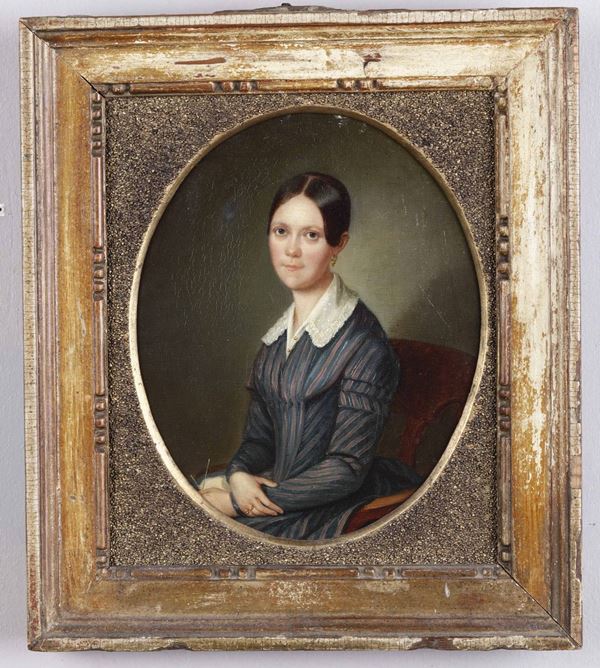 Artista del XIX secolo Ritratto di giovane donna con lavoro a maglia