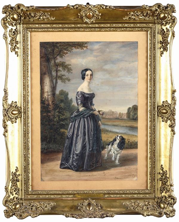 Johann Friedrich Dietler (1804 - 1874) Ritratto di Mathilde Gaulthier de Rigny con cane, 1845