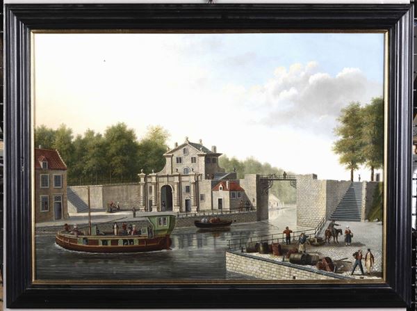 Scuola del XIX secolo Imbarcazioni su un canale con chiusa