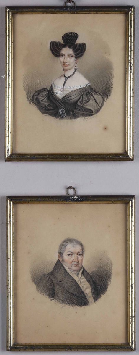 A. Alfieri, firmati e datati 1833 Ritratto di gentiluomo in grigio Ritratto di gentildonna in grigio