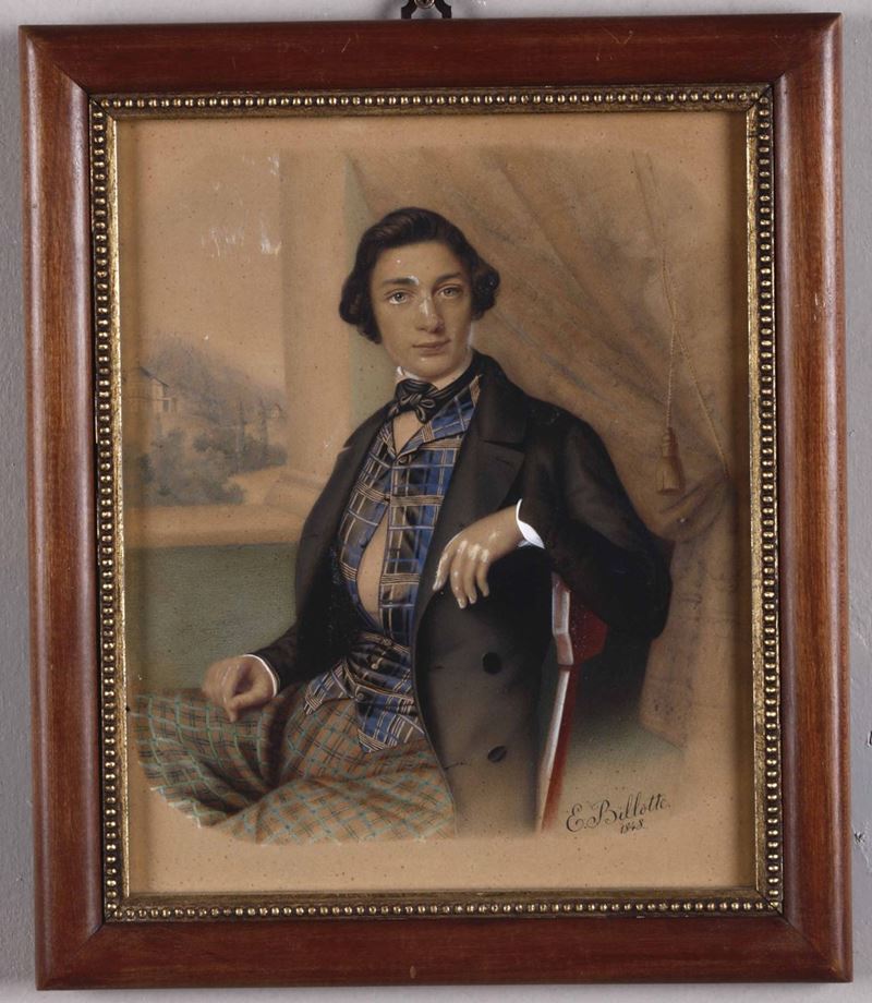 Heinrich Franz Carl Billotte (Aquisgrana, 1801 – 1892) Ritratto di giovane in giacca nera e gilet scozzese  - Asta Asta a Tempo | Forattini Time - Cambi Casa d'Aste