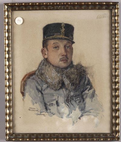 Artista Russo, Firmato e Datato 1916ritratto di Militare con Cappotto con Collo di Pelliccia