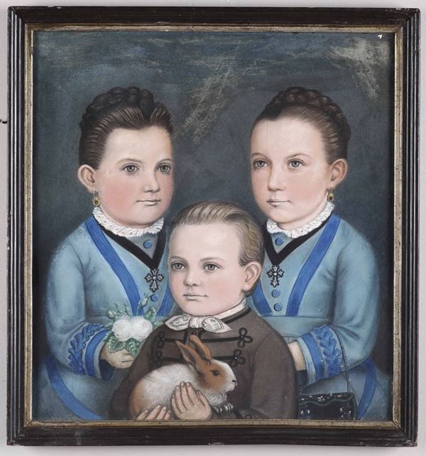 Artista della fine del XIX secolo Ritratto di due bambine e fratellino con coniglietto