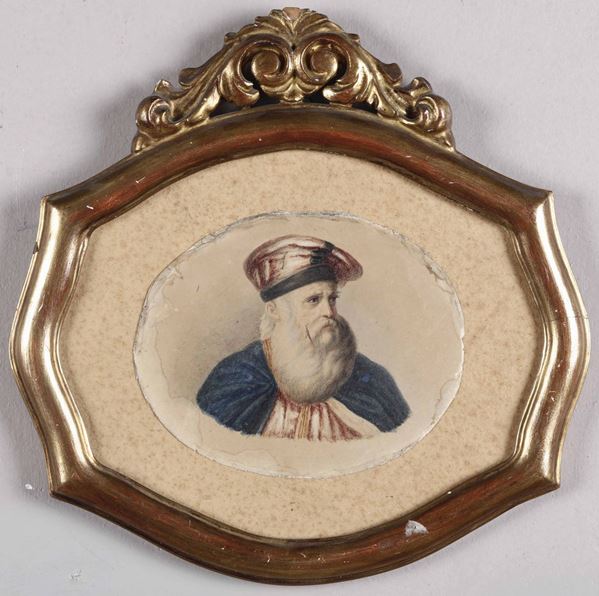 Artista del XIX secolo Ritratto di anziano dalla grande barba bianca con ampio berretto
