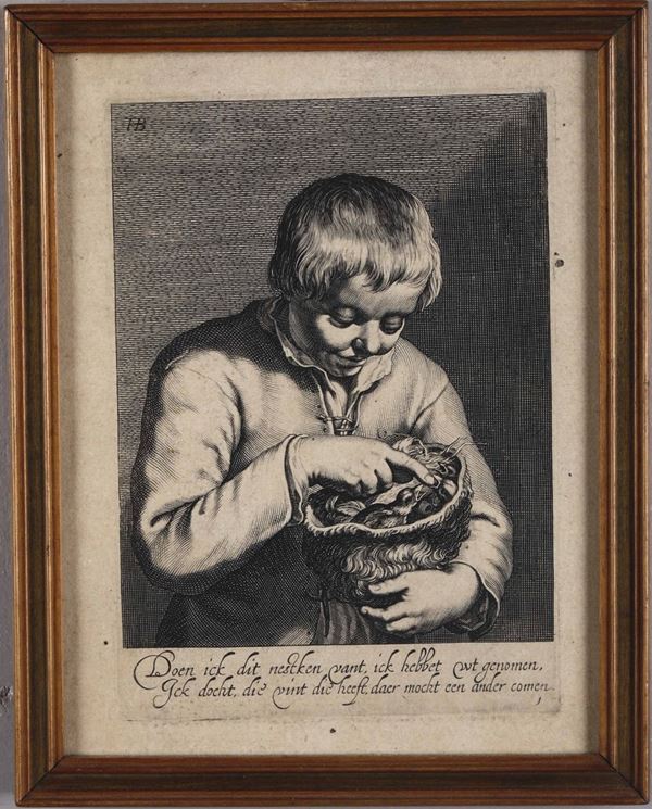 Incisione fiamminga siglata FB raffigurante un bambino che contempla un nido di uccellini, XIX secolo