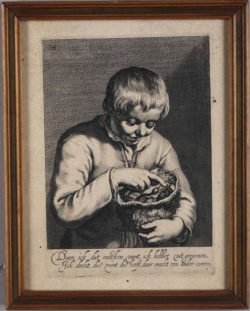 Incisione fiamminga siglata FB raffigurante un bambino che contempla un nido di uccellini, XIX secolo  - Auction Antiques | Cambi Time - Cambi Casa d'Aste
