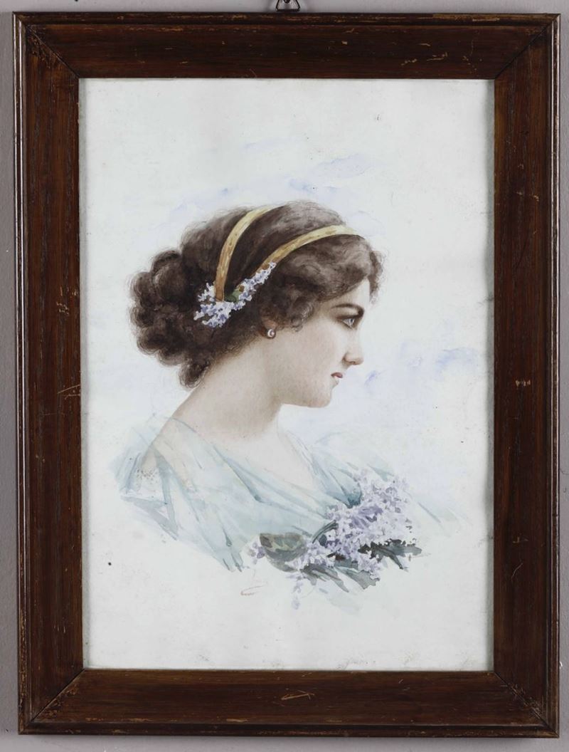 Artista del XX secolo Profilo di giovane donna ornata di lillà  - Auction Forattini Time | Timed Auction - Cambi Casa d'Aste