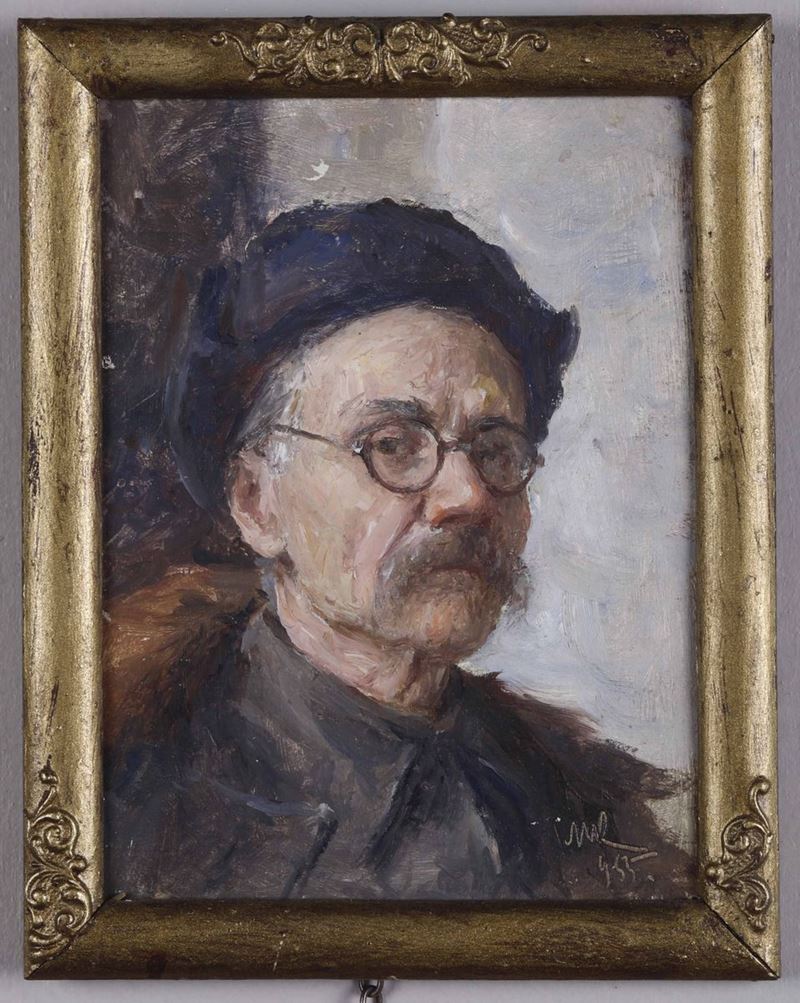 Siglato ML e datato 953 Ritratto di anziano con berretto, occhiali e baffi  - Asta Asta a Tempo | Forattini Time - Cambi Casa d'Aste