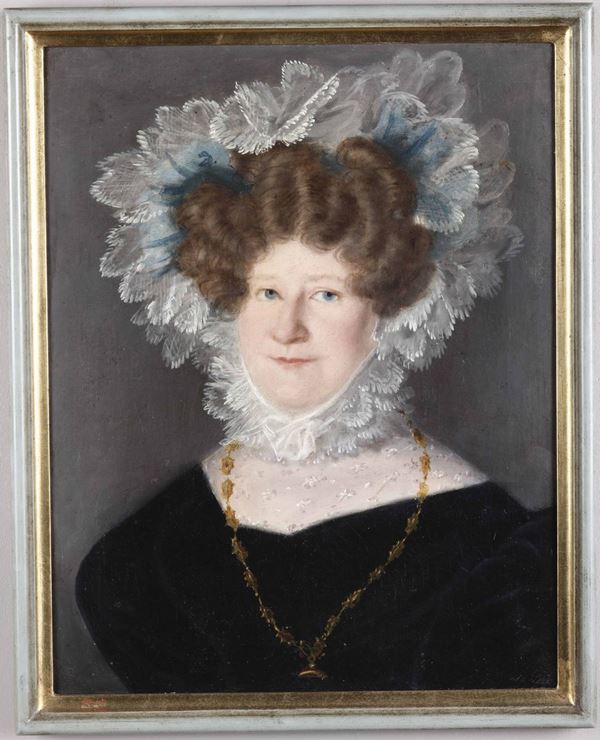 Artista della metà del XIX secolo Ritratto di signora con grande cuffia di pizzo bianco