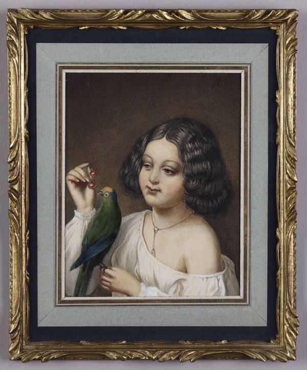 Artista del XIX secolo Ritratto di bambina con pappagallo