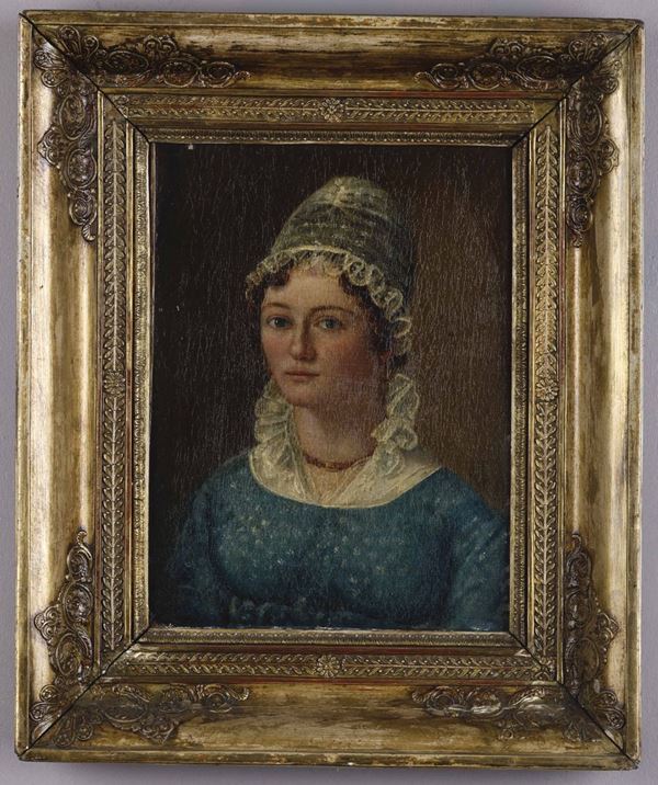 Artista del XIX secolo Ritratto di giovane donna in azzurro con alta cuffia bianca