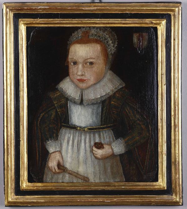 Pittore inglese fine XVI secolo Ritratto di bambina in interno domestico