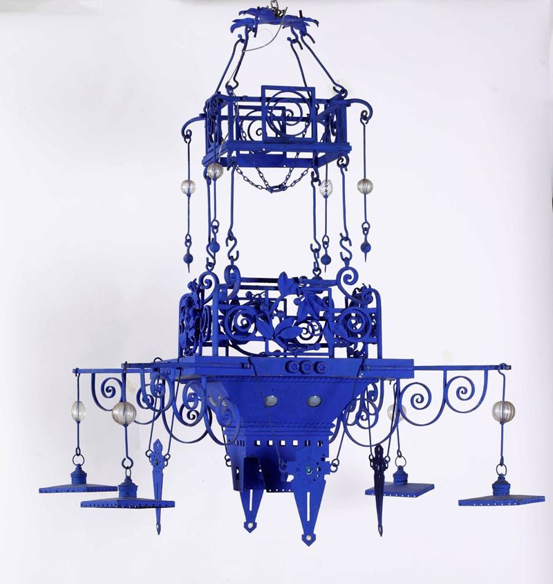 Lampadario liberty ferro battuto blu  - Auction Antiques | Timed Auction - Cambi Casa d'Aste