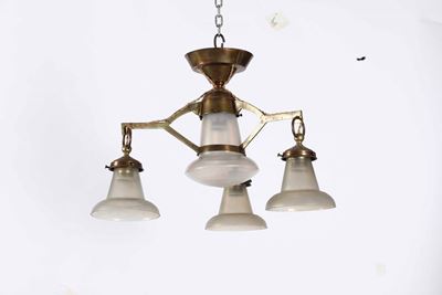 Lampadario Liberty (secessione Austriaca) a Quattro Luci con Vetri Iridescenti