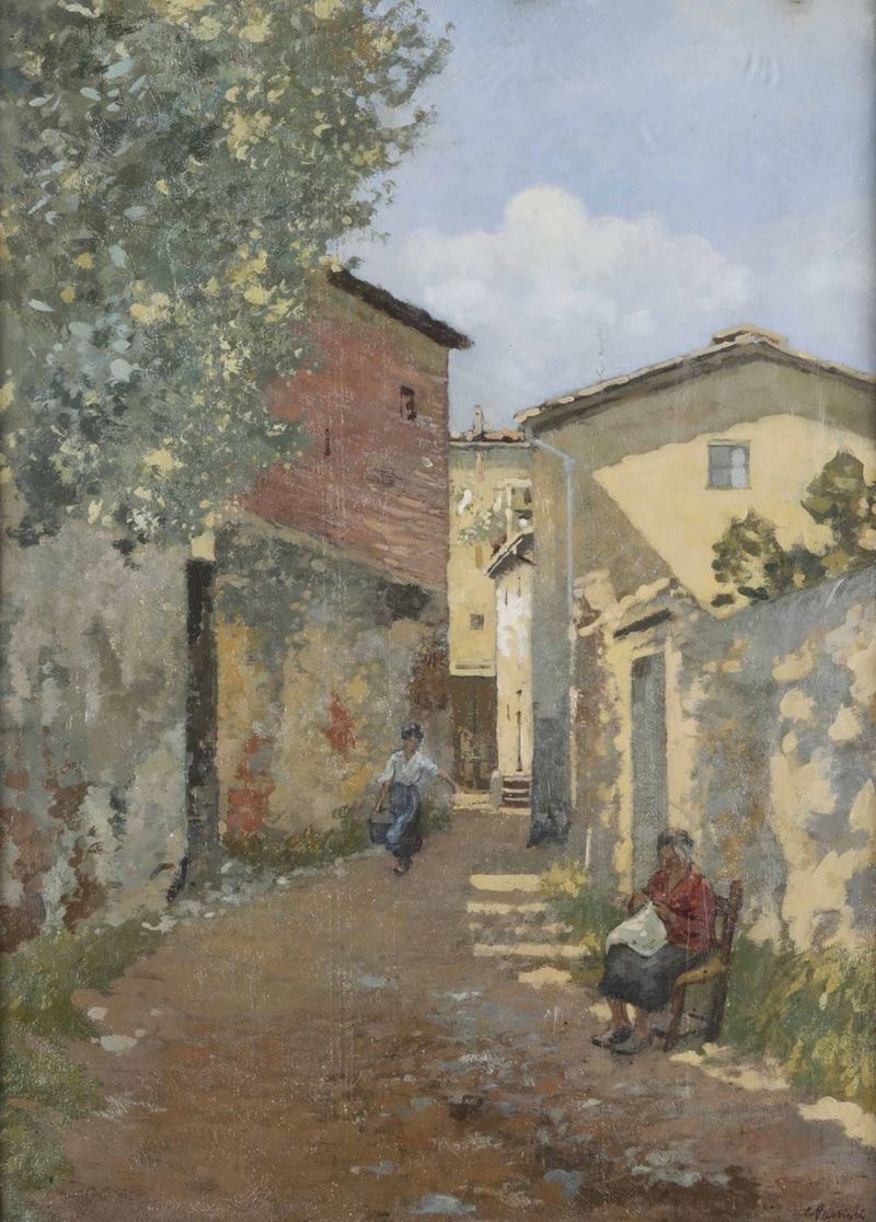 Carlo Passigli (1881-1953) Veduta di paese con figure  - Asta Dipinti del XIX e XX Secolo - Cambi Casa d'Aste