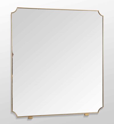 Specchio da Parete con Struttura in Legno, Cornice in Ottone e Vetro Sagomato Specchiato.