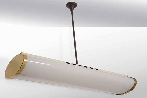 Lampada a sospensione con struttura in metallo ottonato, ottone e plexiglass