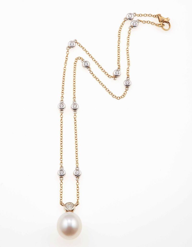 Girocollo con perla coltivata e diamanti per ct 2.00 circa  - Auction Jewels | Timed Auction - Cambi Casa d'Aste
