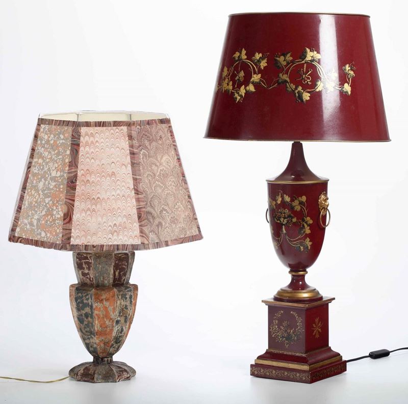 Due lampade a vaso una in metallo, una in legno  - Asta Antiquariato | Cambi Time - Cambi Casa d'Aste