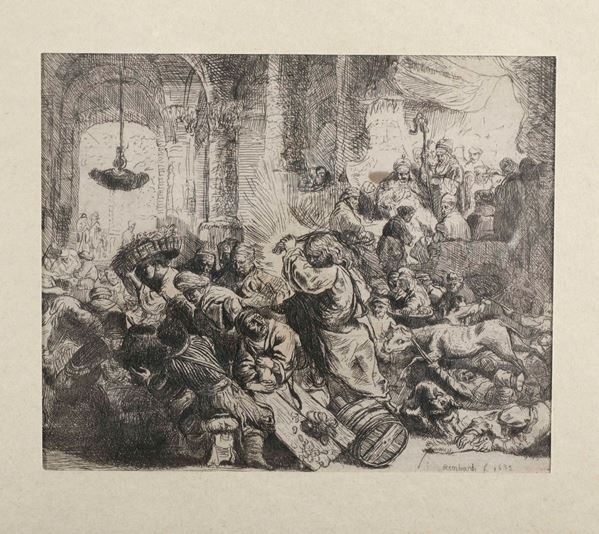 Stampa d'après Rembrandt, Francia fine XIX secolo, inizi XX La cacciata dei mercanti dal tempio