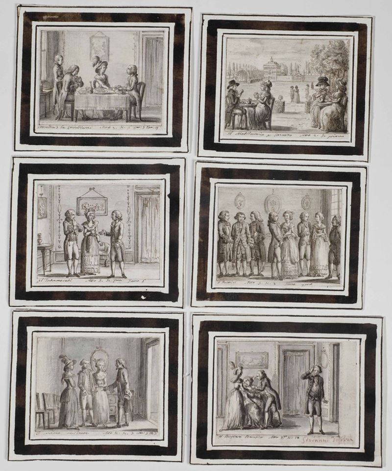 Scuola italiana della fine del XVIII secolo Scene tratte dalle commedie di Carlo Goldoni  - Asta Disegni Antichi - Cambi Casa d'Aste