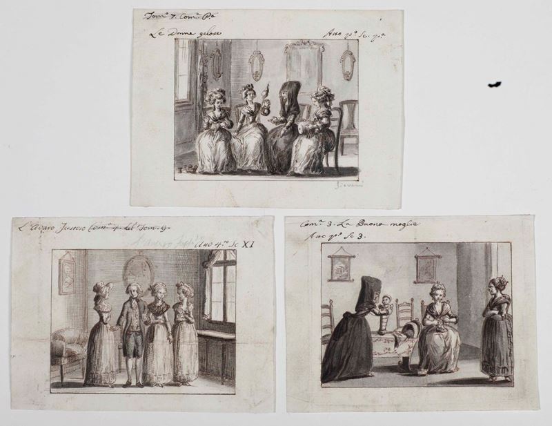 Scuola italiana della fine del XVIII secolo Scene tratte dalle commedie di Carlo Goldoni  - Auction Old Master Drawings - Cambi Casa d'Aste