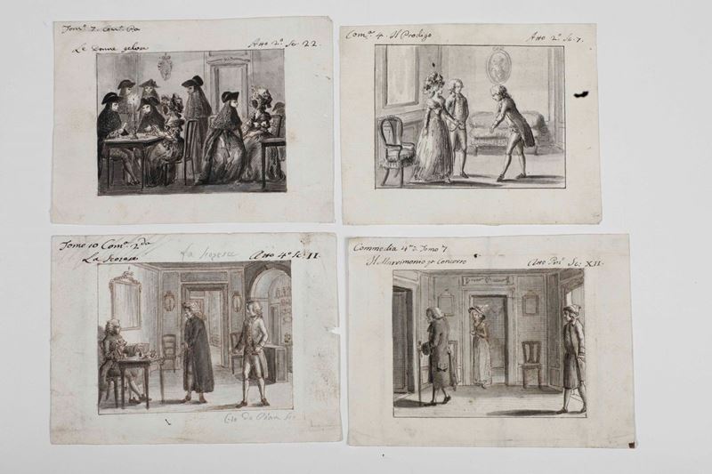 Scuola italiana della fine del XVIII secolo Scene tratte dalle commedie di Carlo Goldoni  - Asta Disegni Antichi - Cambi Casa d'Aste