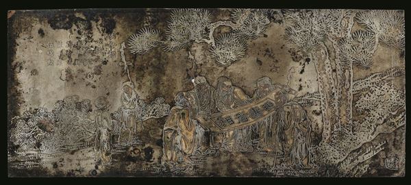 Matrice da inchiostro in metallo incisa raffigurante saggi che consultano uno scroll e incisione, Cina, Dinastia Qing, XIX secolo