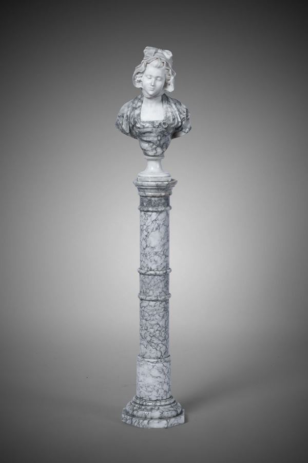 Busto di fanciulla in marmo bianco e bicolore. Firmato Pugi, XIX-XX secolo