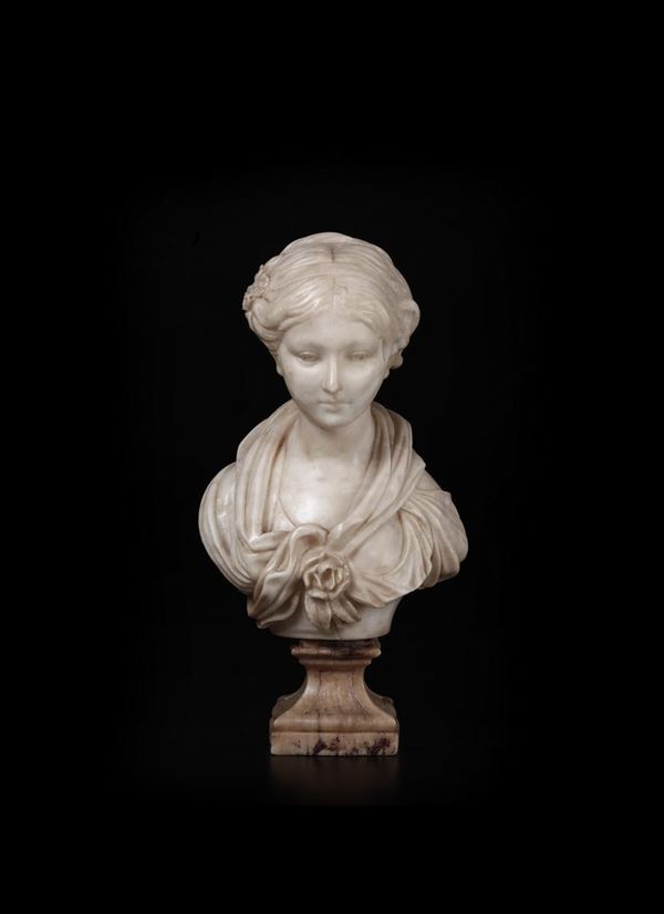 Busto di fanciulla in marmo bianco. A firma Gregoire Geuze, probabile XX secolo